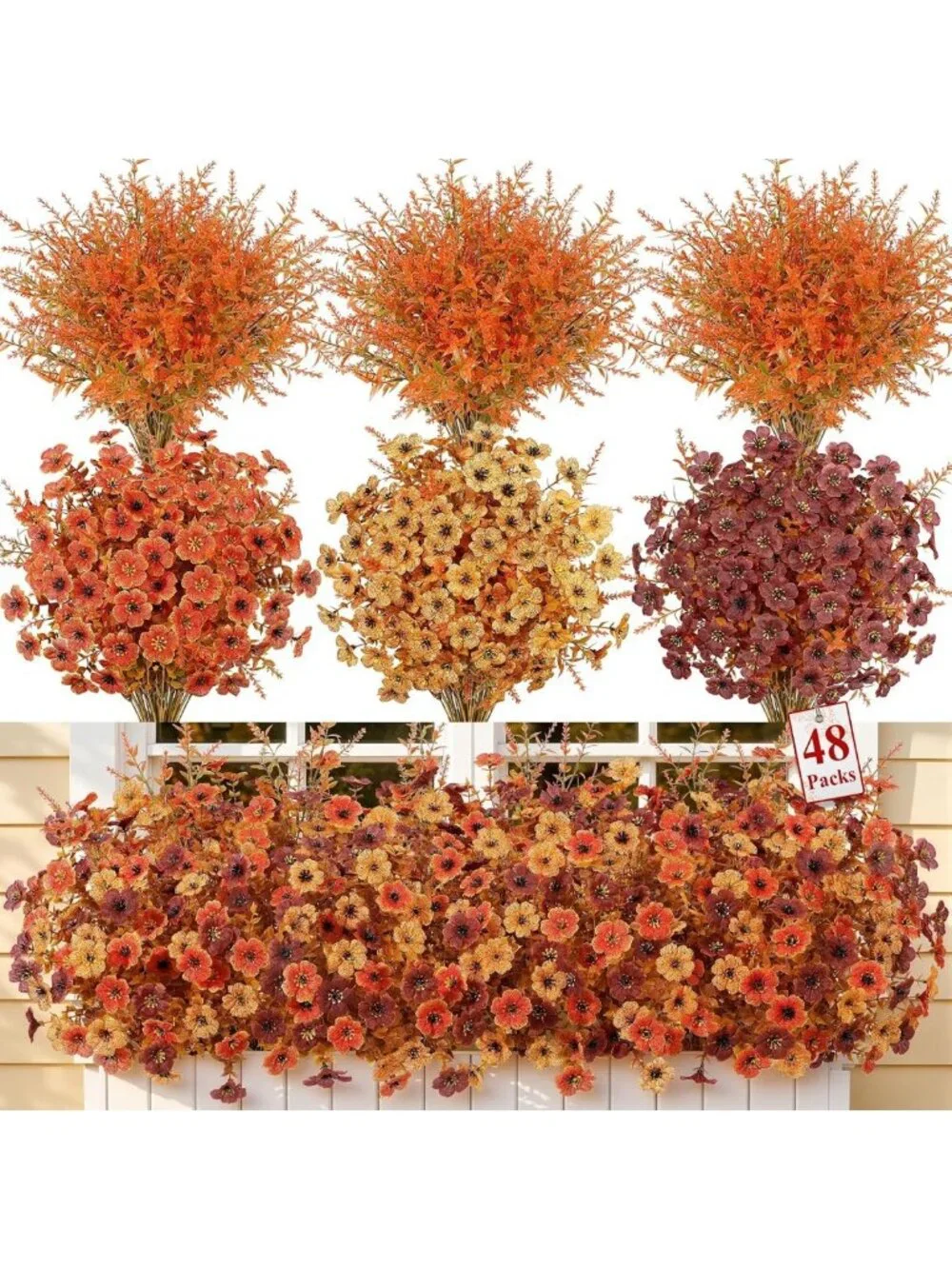 48Pcs UV Resistant Artificial Fall Flowers - Fake Mums for Outdoor Decor